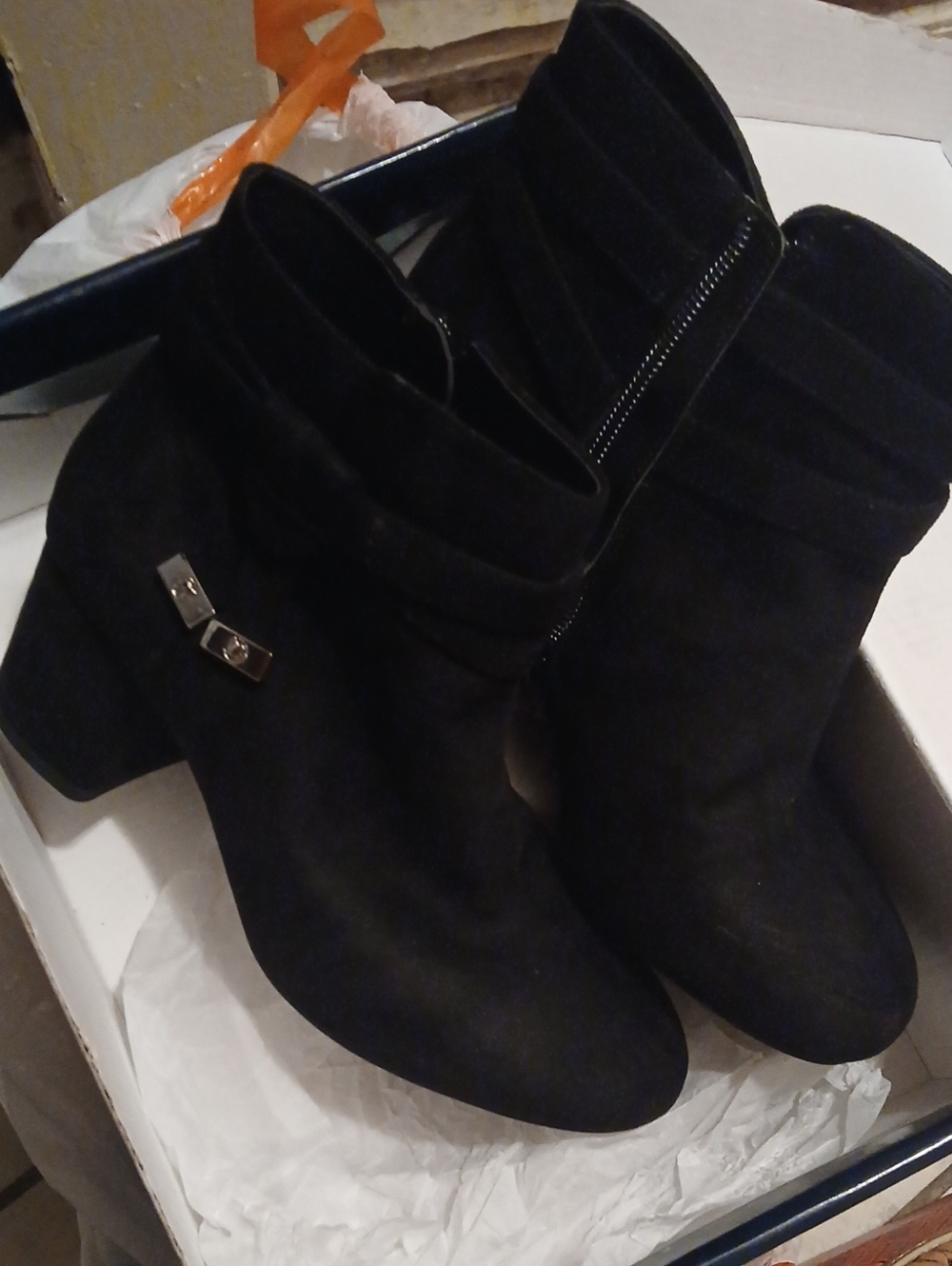 Kelly & Katie Black Suede Ankle Booties with Decorative Metal Accent